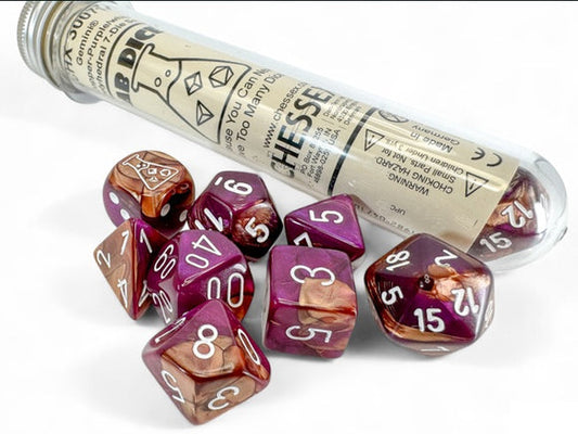 Lab Dice 9: Gemini Copper-Purple/white Polyhedral 7-Die Set (with bonus die)