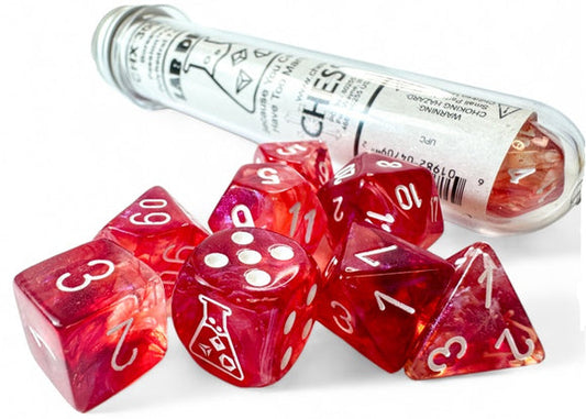 Lab Dice 9: Borealis Passion/white Luminary Polyhedral 7-Die Set (with bonus die)